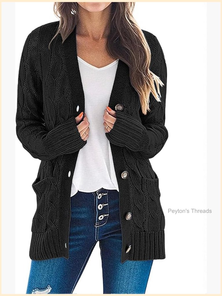 Cable Knit Cardigan Sweater Long Sleeve Open Front Button Down